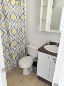 a bathroom with a toilet and a sink and a mirror at Noruega in La Serena