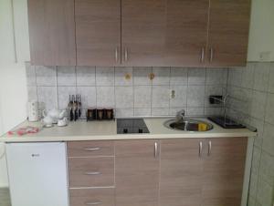 a kitchen with wooden cabinets and a sink at Apartman Mali kutak in Gradačac