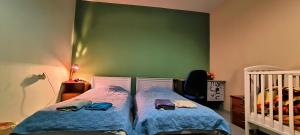 a bedroom with a crib and a green wall at Kounis Villa in Chalkida