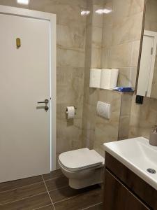 a bathroom with a white toilet and a sink at Cozy apartment Kosmaj Residence in Rogača