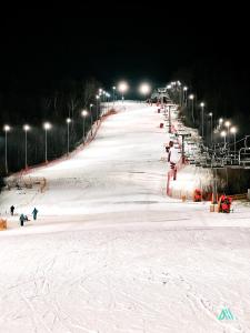 a group of people skiing down a ski slope at night at APARTAMENTY SZYNDZIELNIA - 2 Sypialnie & GARAŻ PODZIEMNY & BALKON IDEALNE MEJSCE W BASKIDACH dla RODZINY in Bielsko-Biala