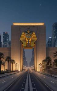 ein großes Gebäude mit einem Löwen am Straßenrand in der Unterkunft Brand New Apartment Obour City in Obour