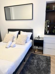 モントルイユにあるSuperbe appartement neuf 2 pièces Vincennes pte de Parisのベッドが2つあり、壁に鏡がある寝室