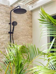 a shower in a brick wall with green plants at SEA NOVA Friar's Bay Beachfront Properties in Saint Martin