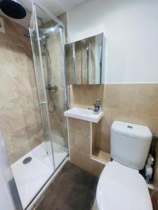 een badkamer met een douche, een toilet en een wastafel bij Newly refurbished spacious studio flat in Wimbledon in Raynes Park