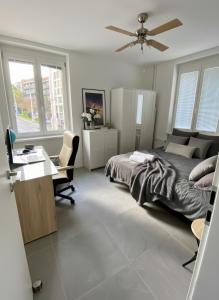 une chambre avec un lit et un bureau dans l'établissement CASTE Apartment, 1-4 guests, Garage, Historical Downtown, à Vinohrady