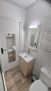 ジョンザックにあるStudio Cosy 1persの洗面台、トイレ、鏡のあるバスルーム +8枚の写真