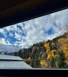 a view from a window of a mountain with trees at Mtis Racha in Oni
