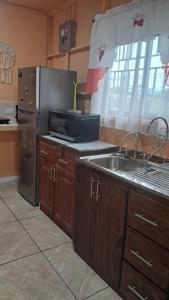 a kitchen with a stainless steel refrigerator and a sink at Apartamento La Fortuna #2 in Fortuna