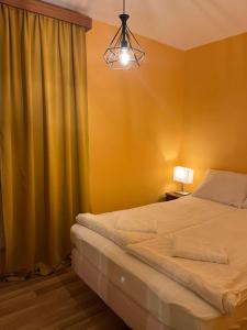 una camera da letto con un letto e un lampadario di Boulevard Serenity Apartment a Miercurea-Ciuc
