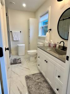 a bathroom with a sink and a toilet and a mirror at Garagemahal on Glengyle in Milton Station