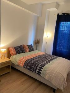 a bedroom with a bed with a blue curtain at Zen and chill F2 appartment and garden near Paris in Chelles