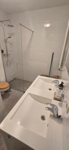 阿姆斯特丹Spacious Room with private king bathroom的带水槽和淋浴的白色浴室 更多9张照片