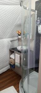 een badkamer met douche en wastafel bij La cabaña de Ciela Glamping con jacuzzi in Latacunga