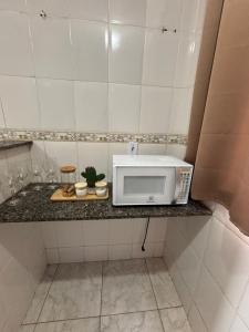 a kitchen with a microwave on a counter at Apartamento próximo ao inhotim in Brumadinho