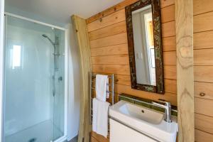a bathroom with a sink and a shower and a mirror at Perch on the Ridge by Waiheke Pure in Waiheke Island