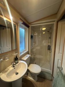 a bathroom with a toilet and a sink and a shower at Glen-coo in Auchterarder +12 photos