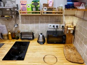 eine Küche mit einer Arbeitsplatte mit Mikrowelle in der Unterkunft Chambre privée non verrouillée dans un appartement partagé - avec chien in Straßburg