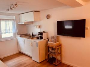 a kitchen with a refrigerator and a tv on the wall at Traumhaft modernes Zimmer mit 2 Einzelbetten Gemeinschaftsbad- WC in Aldingen
