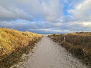 un camino de tierra que conduce al océano en un día nublado en Beachside Haven in Marielyst - By Traum Ferienwohnungen, en Bøtø By