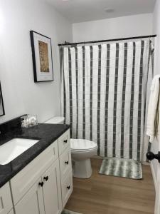 ein Badezimmer mit Toilette und Duschvorhang in der Unterkunft Secluded, Quiet, Cozy, & Modern in Gatesville + 27 Fotos