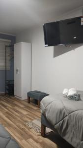 a bedroom with a bed with a flat screen tv on the wall at Hostal Milaris in Calama +21 photos