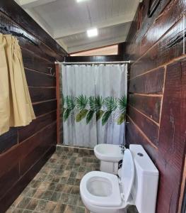 a bathroom with a toilet and a shower at Cabaña Elun in Panaholma