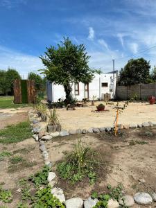 a yard with a tree and a house at Cabaña con quincho, tinaja y piscina in Coinco