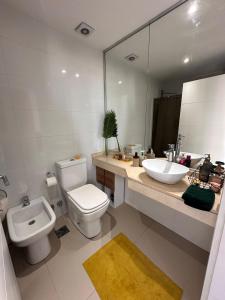 a bathroom with a toilet and a sink and a mirror at Stylish Modern apartment with automatic parking in Buenos Aires