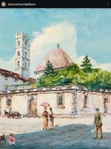 een schilderij van een gebouw met mensen ervoor bij Gabri House Art gallery b&b in Lucca