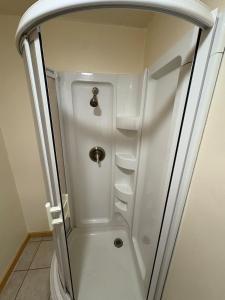 a shower with a glass door in a bathroom at Cliffside Hideaway-Renovations & upgrades coming! in Hammond