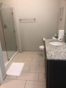 een badkamer met douche, wastafel en toilet bij The Nash Luxe, Pool, Gym, Nightlife! in Nashville