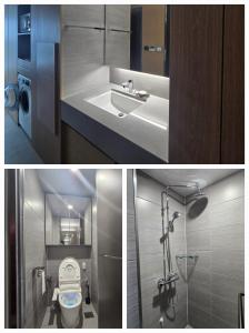 2 immagini di un bagno con servizi igienici e lavandino di 원스테이 가산디지털단지 a Seul Altre 20 foto