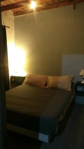 Un dormitorio con una cama con una luz en la pared. en Reencuentro, en Mar del Plata