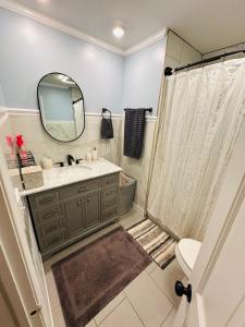 Un baño con ducha, lavabo y espejo. en The Princeton Three Cozy 3BR Retreat, BBQ Patio, en Trenton