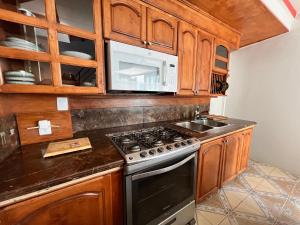 a kitchen with a stove and a microwave at Sunsets & Surf Beach House near Puerto Nuevo in Raulis
