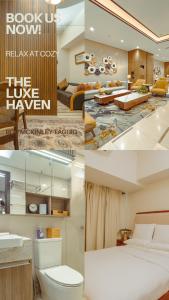 een collage van vier foto's van een hotelkamer bij The Luxe Haven at BGC in Sampong