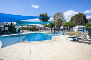a swimming pool with a blue canopy over it at BIG4 Perth Midland Tourist Park in Middle Swan
