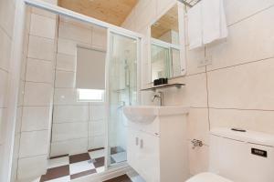 a bathroom with a toilet and a shower and a sink at Hotel Lohas in Hualien City +30 photos
