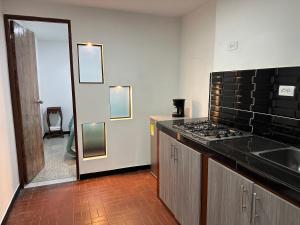 a kitchen with a stove and a counter top at Apartamentos FM 204 in Líbano