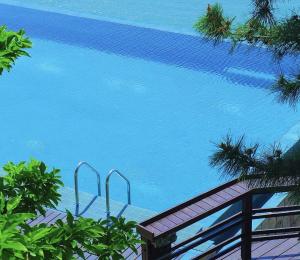 uitzicht op een vijver met blauw water en bomen bij Qingdao Momer Cliff Ocean View Villas in Qingdao