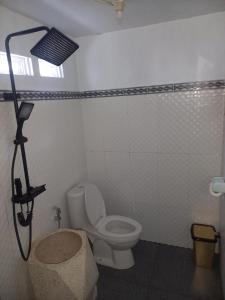ein Badezimmer mit Toilette und Dusche mit Licht in der Unterkunft Jati mulyo Cottage Dieng in Batur