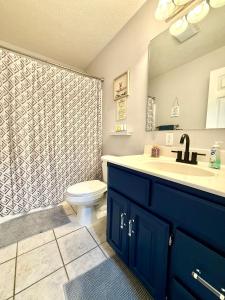 Un baño con lavabo, inodoro y ducha. en KALMNEZ 10 minutes from FLW, en Saint Robert