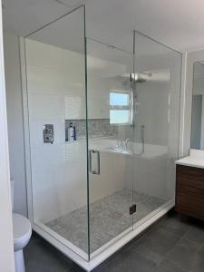 een glazen douche in een badkamer met toilet bij DREAMS INN guest house in Maun