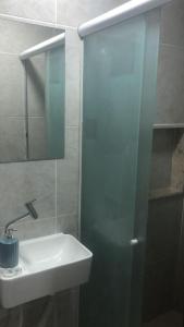 a bathroom with a sink and a glass shower door at Flat funcional mobiliado com cozinha e WC privativo apt106 in Recife