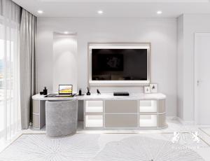 a living room with a tv on a white wall at Westminster Dubai Mall in Dubai