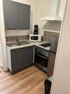 una piccola cucina con lavello e microonde di Cozy studio a Quessoy