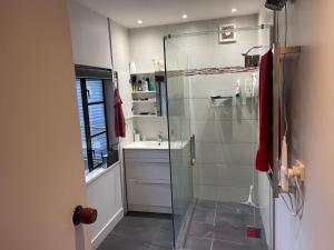 a bathroom with a shower and a sink at Kaiapoi Village Deluxe Room with En-Suite Bathroom in Kaiapoi