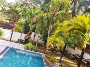 een bovenaanzicht van een zwembad met palmbomen bij Floating Castle Villa in Avissawella