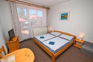 een slaapkamer met een bed, een tv en een raam bij Penzion u Kukačků in Horní Planá